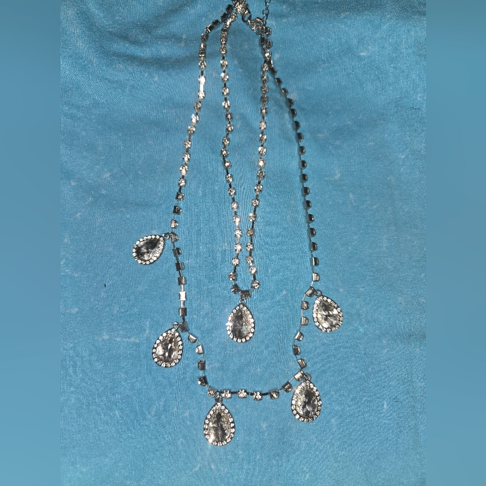 Silver Teardrop Crystal Layered Necklace